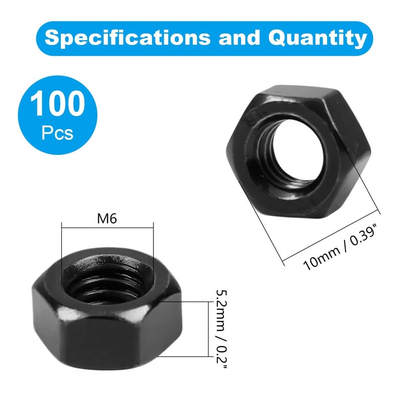 Yinpecly 100pcs M6-1.0 Hex Nut, Carbon Steel Grade 8.8, Black Oxide, M6x1.0mm Hex Drive, Metric Hexagon Hex Nut Black, Small Nuts Fasteners, Right Hand, M6 Replacement Nut - Image 2